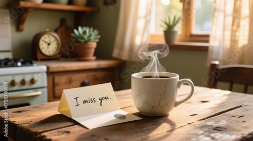 steaming coffee cup beside a note saying 