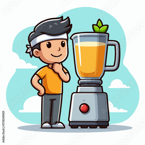 Cartoon illustration of a man mixing fruit