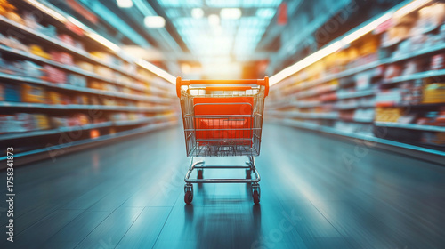Empty shopping cart in supermarket aisle with motion blur effect