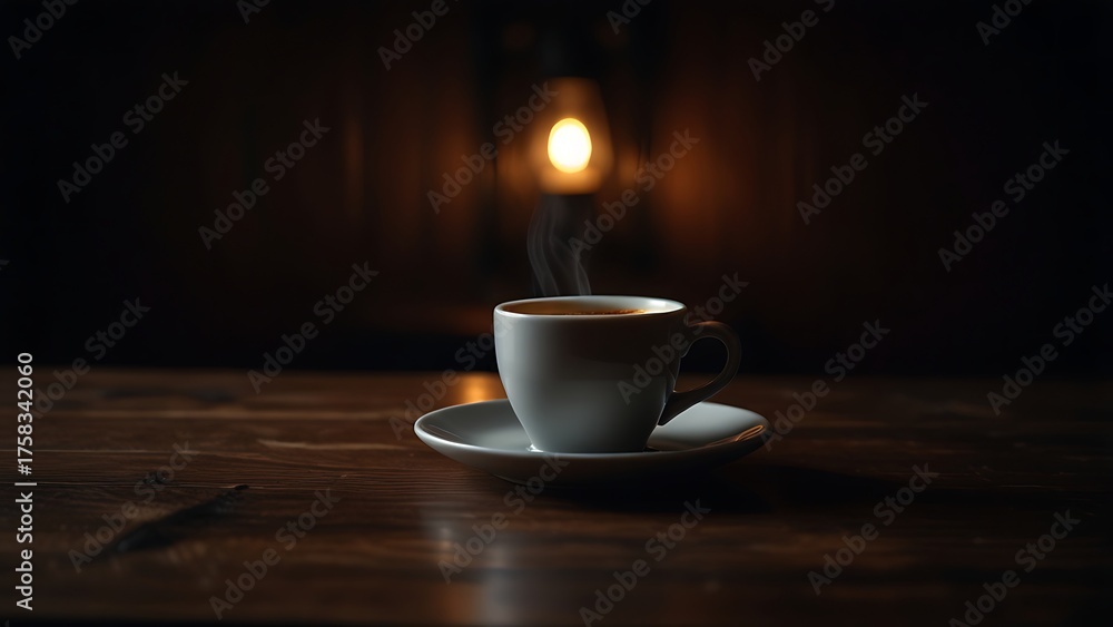 Obraz premium Artistic composition of coffee cup on dark wooden tabletop with cinematic glow