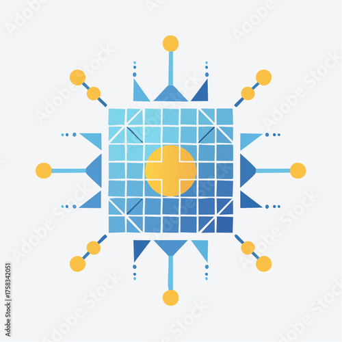 Geometric abstraction with integrated blue squares and yellow circular nodes