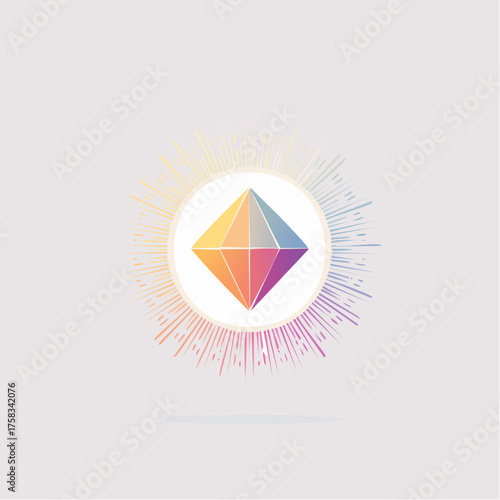 Geometric diamond shape with colorful light rays emanating from a central design