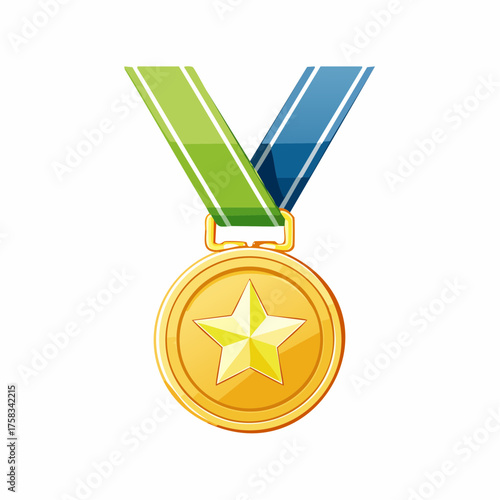 Golden medal with a star and colorful ribbon symbolizing victory and success