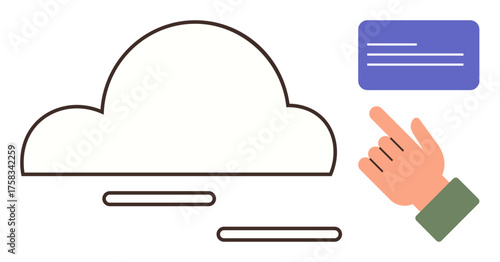 Cloud outline with hand selecting a document card, representing data access, storage, and organization. Ideal for technology, business, education, communication, cloud computing process management