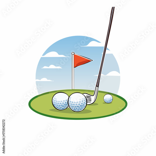 Golf Course Scene with Balls Flag and Club Illustration for Sporting Events