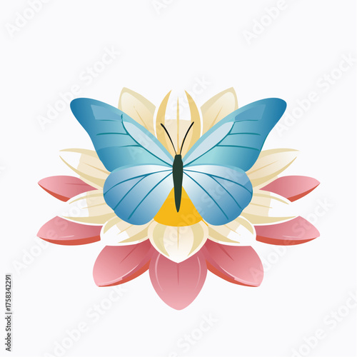 Graceful butterfly with vibrant blue wings resting upon a colorful lotus flower art