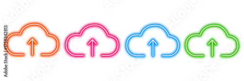 Neon glowing cloud upload vector icons set, data storage, online transfer, digital technology, web computing, colorful vibrant design on transparent  background.
