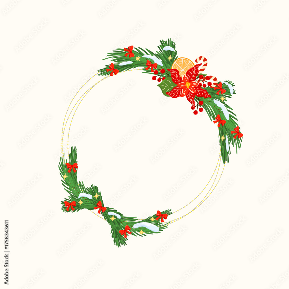 Naklejka premium Christmas wreath border with fir and pine branches, bow, poinsettia flowers, Vector illustration. Elegant festive frame for invitations, cards, posters, and seasonal decorations with space for text