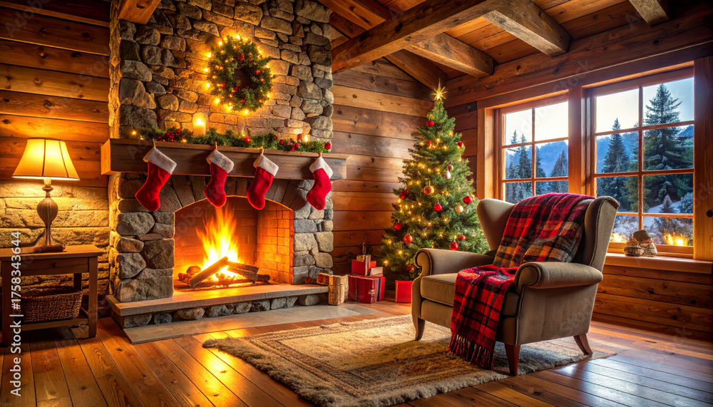 Fototapeta premium Warm Christmas cabin interior with glowing fireplace, decorated tree, stocking, candle, and wrapped gift. Cozy festive atmosphere for winter holiday.