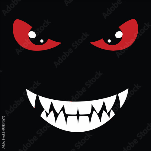 Menacing red eyed monster face with sharp teeth in darkness, t shirt