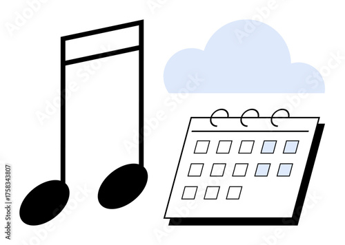 Musical note, calendar, and cloud highlighting music streaming, event planning, and digital storage. Ideal for music organization, scheduling, streaming platforms, online events cloud services