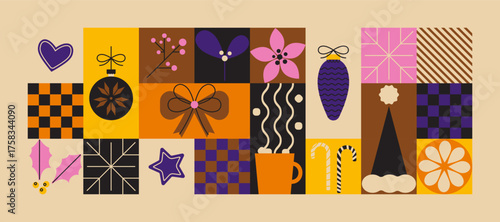 Xmas minimal pattern with funny colored ornaments, cozy mug and sweets. Vector retro geometric mosaic winter design for Christmas party, covers, festive cards, packaging, prints, seasonal greeting