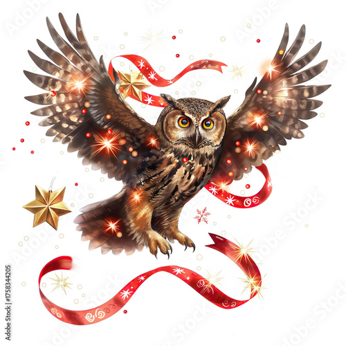 Majestic owl in flight trailing Christmas ribbons and surrounded by glowing stars on a transparent background.

