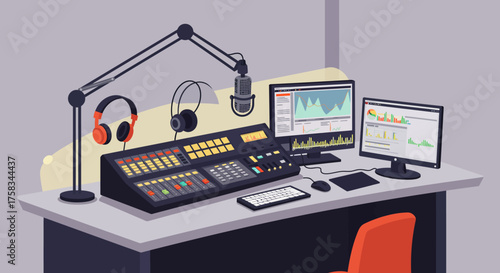A cartoon image shows a broadcast studio with equipment like a microphone console monitors headphones and a chair