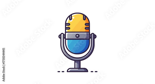A cartoon microphone with yellow grille  blue body stands centered on a white background