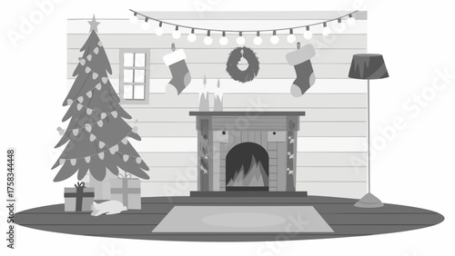 Interior christmas scene with tree fireplace stockings and gifts in grayscale illustration style art