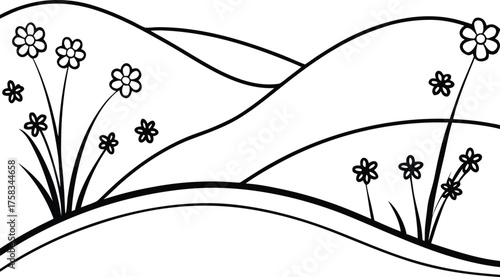 Simple black and white line art illustration of rolling hills with small flowers isolated on transparent background