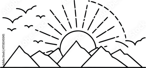 Minimalist line art drawing of a sunrise over mountains with birds flying in the sky isolated on transparent background