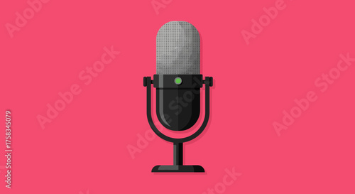 A retro microphone stands centered against a pink backdrop