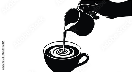 Hand pouring milk into coffee creating swirling patterns, a moment of morning preparation.