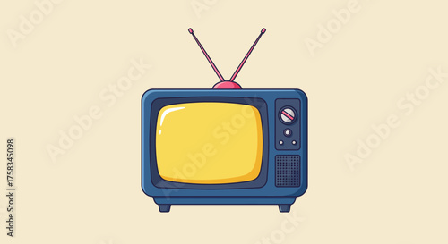 A retrostyle television set with pink antenna on a cream background