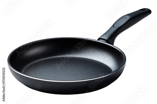 A black non-stick frying pan/skillet with a textured interior and a comfortable ergonomic black plastic handle. Features a thin silver rim. Ideal for daily cooking mockups.