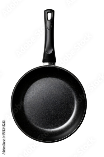 A black non-stick frying pan/skillet with a textured interior and a comfortable ergonomic black plastic handle. Features a thin silver rim. Ideal for daily cooking mockups.