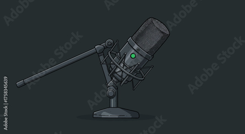 A studio microphone with stand featuring a green light against a dark grey background