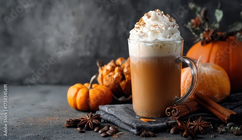 Autumnal Latte In Glass Mug With Whipped Cream Against Dark Background And Pumpkins