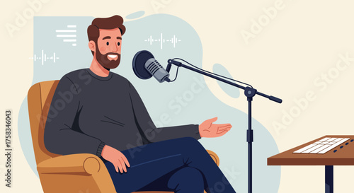 Cartoon man seated speaking into a microphone at a table in a room