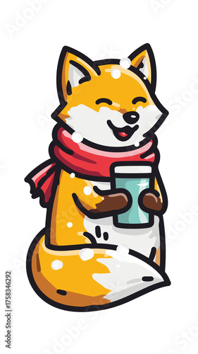 Joyful winter fox wearing red scarf holds cup, surrounded by snowflakes, creating festive and cheerful atmosphere