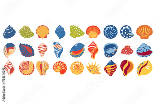 A diverse and colorful collection of various stylized seashells, showcasing aquatic mollusk shells from the ocean for a summer marine life concept