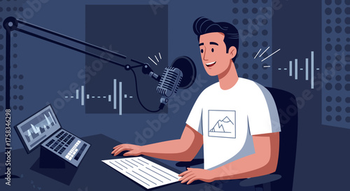 Man at a desk records a podcast with a mic and laptop