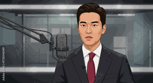 Man in suit by mic cartoon style Dark hair white shirt maroon tie Studio background with boom arm
