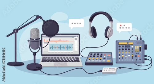 Podcast recording setup with microphone laptop headphones and mixing equipment