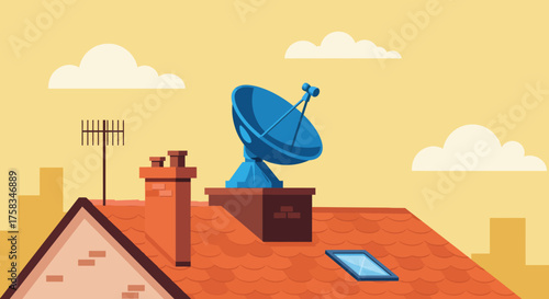 Roof scene antenna satellite dish chimney skylight on red tile roof against yellow sky with clouds  abstract buildings in distance