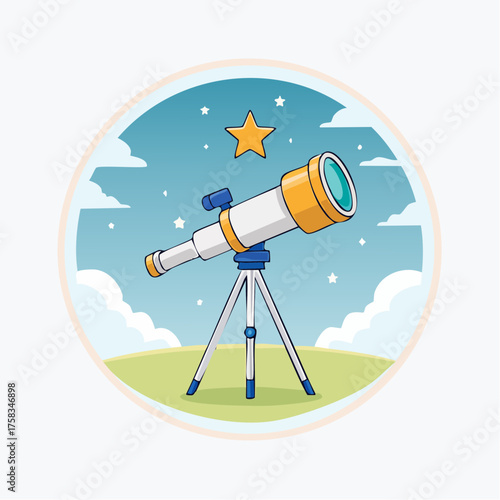 Whimsical telescope illustration gazing at a twinkling star in a serene night sky