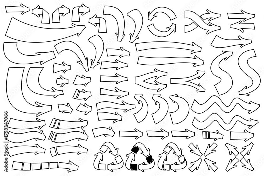 Obraz premium Set of graffiti style hand drawn cartoon comic arrows in outline