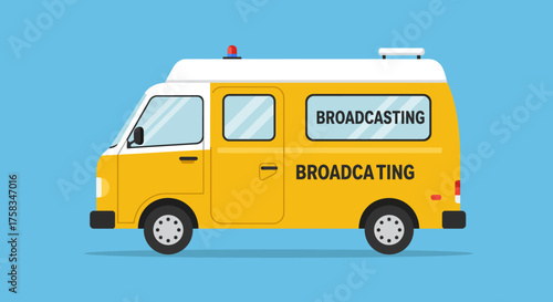 Yellow broadcasting van on blue background with BROADCASTING text