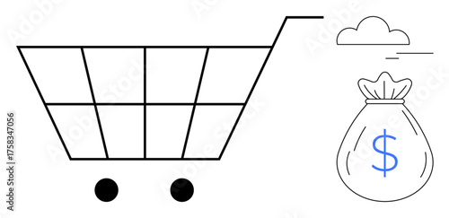 Shopping cart with two wheels, a money bag with a dollar sign, and minimalistic cloud. Ideal for e-commerce, business, online shopping, financial transactions, savings investment digital economy. A