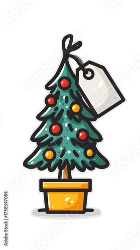 Cute illustration of tiny Christmas tree adorned with colorful ornaments and gift tag, evoking festive and cheerful holiday spirit