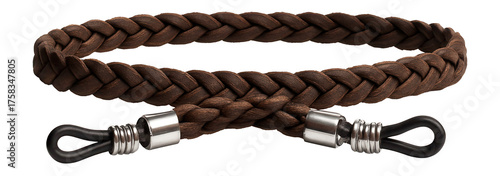 Braided leather eyewear strap with metal accents for a durable look.