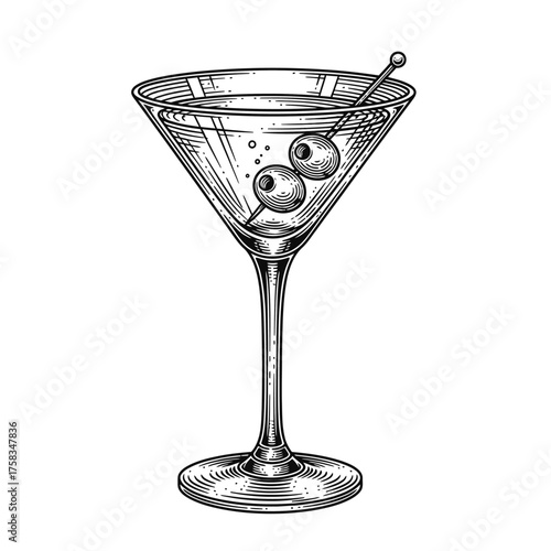 vintage martini glass engraving hand drawn illustration vector