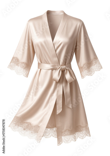 Lace-trimmed satin wrap robe with three-quarter sleeves.
