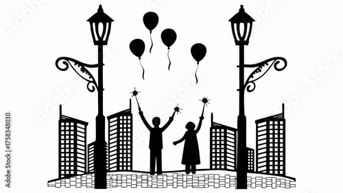 Silhouette of people with sparklers and balloons in a city with street lamps and buildings drawn in black