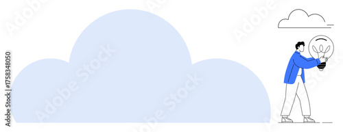 Person dressed in blue and white carries a lit light bulb beside a large blue cloud. Ideal for innovation, creativity, cloud computing, technology, problem-solving, sustainability, simple flat