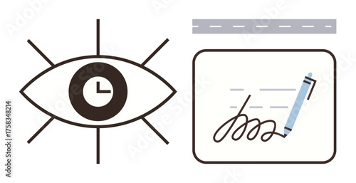 Eye with a clock and a pen signing a digital document, conveying monitoring, efficiency, authentication, electronic agreements, security, compliance, privacy and tech-driven workflows. A simple flat