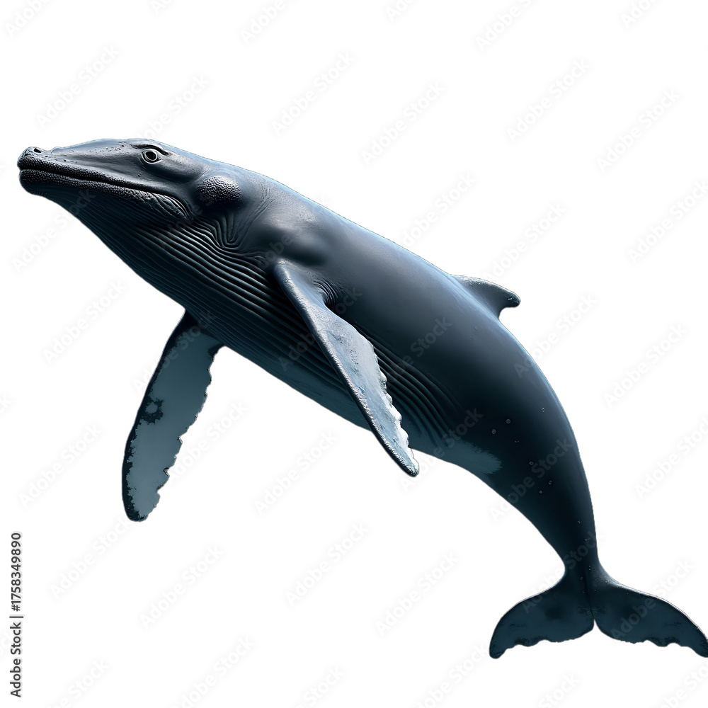 Fototapeta premium Humpback whale isolated PNG, side pose, detailed skin texture, cinematic lighting.