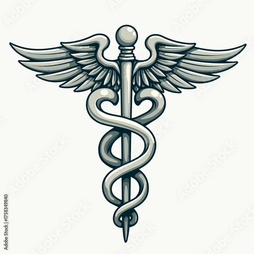 Symbolic medical symbol, Caduceus on plain background. Classic medical symbol with rod and snakes depicted in silver tone. Conceptual medical symbol art is ideal for phytotheme applications.