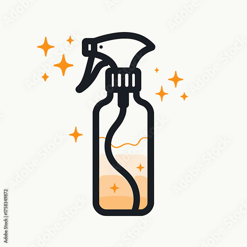Outline spray bottle graphic showing cleaning liquid and stars, an appealing bottle graphic. Spray bottle stands out with its elegant outline, drawing attention to its contents and its functionality.